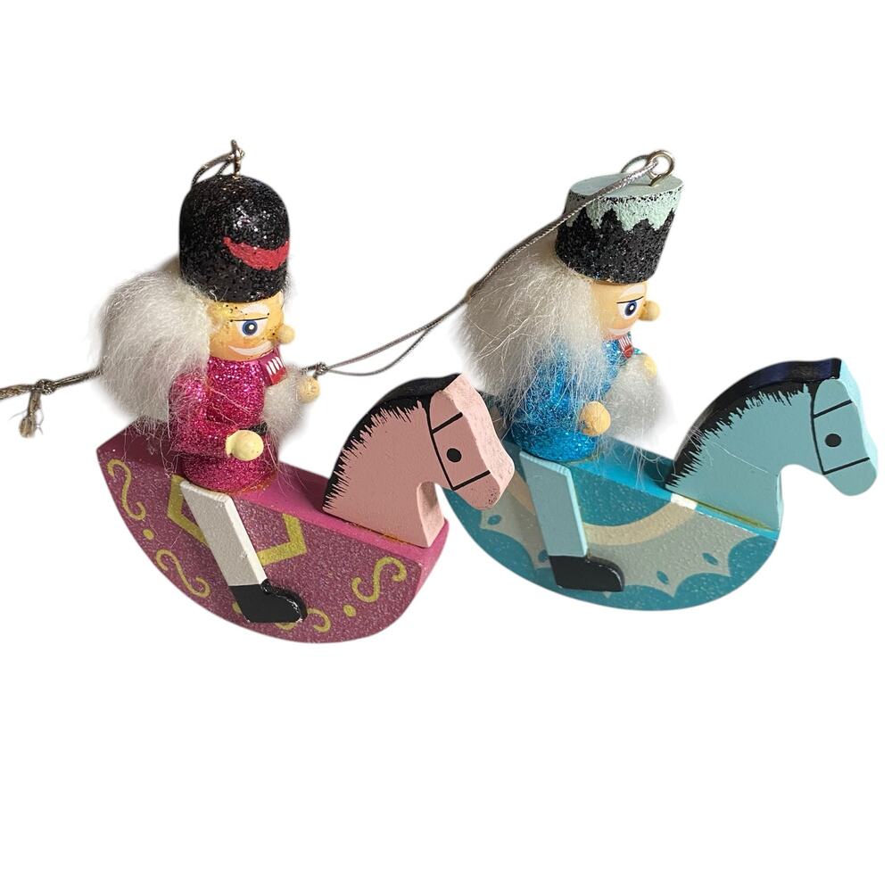 Vintage Wooden Soldier on Rocking Horse Ornaments Set of 2 Glitter Fur Hats Xmas
